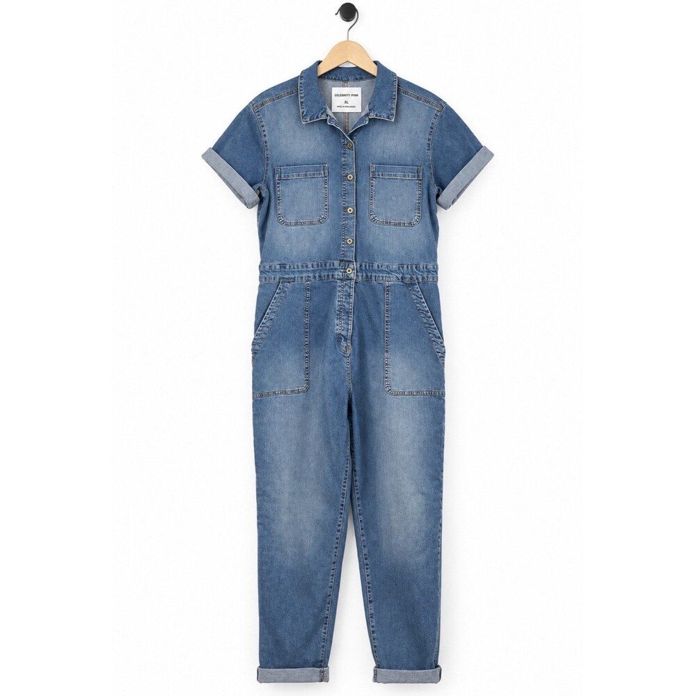 Celebrity Pink Women's XL Denim Jumpsuit Utility Pockets Stretch Ankle Workwear